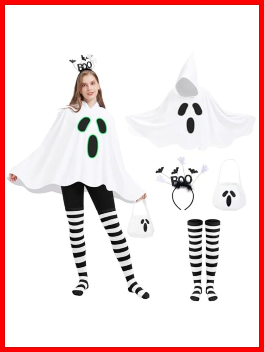 Ghost Poncho Costume Set Glow Dark Hooded Pullover Halloween Cosplay